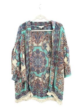 Umgee Teal and Rust Paisley Open-Front Kimono